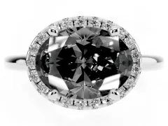 Fancy Black Oval Cut Diamond Halo Engagement Ring Set in White gold with Pavé Band and Rising Shoulders