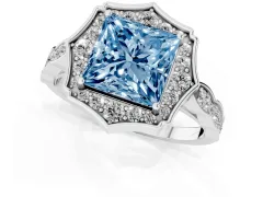 Fancy Blue Princess Cut Diamond Halo Engagement Ring Set in Silver with Milgrain Band and Prong Setting