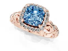 Fancy Blue Cushion Cut Diamond Halo Ring Set in Rose gold with Filigree Leaf Band and Prong Setting