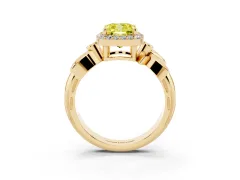 Fancy Yellow Cushion Cut Diamond Halo Floral Band Ring Set in Yellow gold with Prong Setting