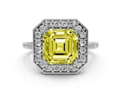 Fancy Yellow Asscher Cut Diamond Halo Ring Set in Platinum with Accent-Lined Split Shank and Prong Setting
