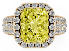 Fancy Yellow Radiant Cut Diamond Halo Ring Set in Yellow gold with Pavé Band and Raised Center Setting