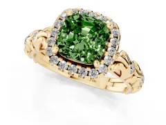 Fancy Green Cushion Cut Diamond Halo Ring Set in Yellow gold with Filigree Leaf Band and Prong Setting