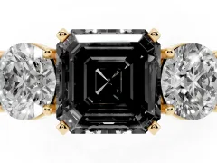 Fancy Black Asscher Cut Diamond Three-Stone Ring Set in Yellow gold with Round Side Stones and Classic Band