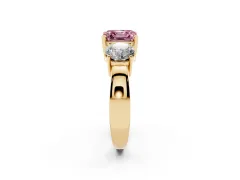 Fancy Pink Asscher Cut Diamond Three-Stone Ring Set in Yellow gold with Round Side Stones and Classic Band