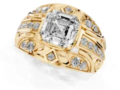 Asscher Cut Diamond Art Deco Ring Set in Yellow gold with Pavé Split Shank