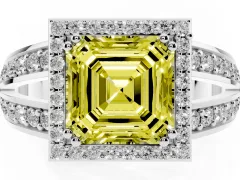 Fancy Yellow Asscher Cut Diamond Halo Ring Set in Platinum with Double Pavé Split Shank