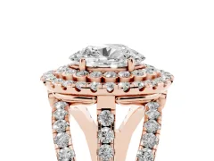 Oval Cut Diamond Double Halo Ring Set in Rose gold with Round Pavé Split Shank