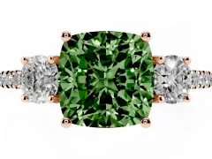 Fancy Green Cushion Cut Diamond Three-Stone Ring Set in Rose gold with Pavé Band and Graduated Sides