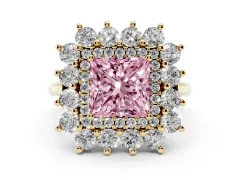 Fancy Pink Princess Cut Diamond Floral Double Halo Ring Set in Yellow gold with Round Petals