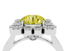 Fancy Yellow Round Cut Diamond Cluster Halo Ring Set in Platinum with Milgrain Bezel Accents and Plain Band