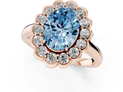 Fancy Blue Oval Cut Diamond Halo Cluster Engagement Ring Set in Rose gold with Solitaire Band and Prong Setting