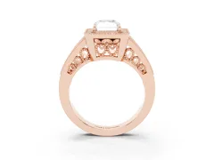 Radiant Cut Diamond Halo Ring Set in Rose gold with Stone-Set Split Shank and Milgrain Edges