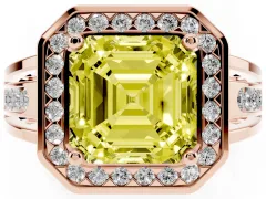 Fancy Yellow Asscher Cut Diamond Halo Ring Set in Rose gold with Pavé and Bezel Accent Split Shank