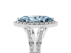 Fancy Blue Marquise Cut Diamond Halo Split Shank Pavé Ring Set in White gold with Prong Setting