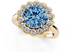 Fancy Blue Round Cut Diamond Halo Cluster Engagement Ring Set in Yellow gold with Solitaire Band and Prong Setting