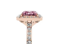 Fancy Pink Asscher Cut Diamond Halo Engagement Ring Set in Rose gold with Round Pavé Shoulders and Heart Gallery