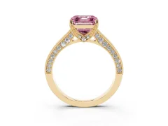 Fancy Pink Asscher Cut Diamond Solitaire Ring Set in Yellow gold with Milgrain-Edged Pavé Band and Prong Setting