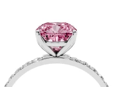 Fancy Pink Cushion Cut Diamond Solitaire Engagement Ring Set in Platinum with Round Pavé Band and Prong Setting