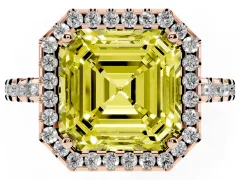 Fancy Yellow Asscher Cut Diamond Halo Ring Set in Rose gold with Pavé Shoulders and Halo-Framed Center