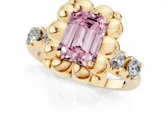 Fancy Pink Emerald Cut Diamond Floral Halo Ring Set in Yellow gold with Shared Prong Band