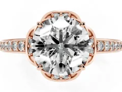 Round Cut Diamond Halo Ring Set in Rose gold with Channel Set Band and Prong Setting