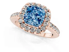 Fancy Blue Cushion Cut Diamond Pavé Halo Ring Set in Rose gold with Prong Setting