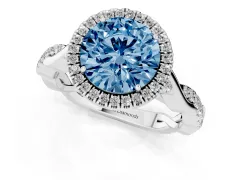 Fancy Blue Round Cut Diamond Halo Twist Band Solitaire Ring Set in Platinum with Prong Setting
