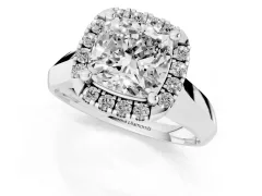 Cushion Cut Diamond Halo Solitaire Engagement Ring Set in Platinum with Square Band and Prong Setting