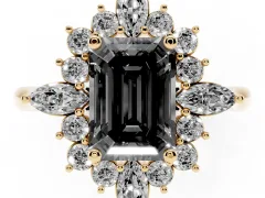 Fancy Black Emerald Cut Diamond Cluster Halo Ring Set in Yellow gold with Marquise and Round Accents