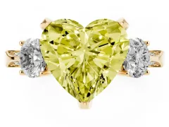Fancy Yellow Heart Cut Diamond Three-Stone Ring Set in Yellow gold with Pavé Band and Smaller Side Stones