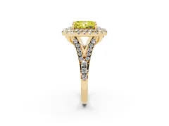 Fancy Yellow Radiant Cut Diamond Double Halo Ring Set in Yellow gold with Pavé Split Shank and Prong Setting