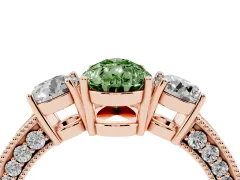 Fancy Green Pear Cut Diamond Three-Stone Ring Set in Rose gold with Round Side Stones and Pavé Band