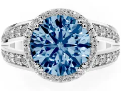 Fancy Blue Round Cut Diamond Halo Ring Set in White gold with Double Pavé Split Shank