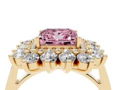 Fancy Pink Princess Cut Diamond Floral Double Halo Ring Set in Yellow gold with Round Petals