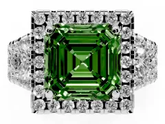 Fancy Green Asscher Cut Diamond Halo Split Shank Ring Set in Silver with Round Accent Stones and Prong Setting