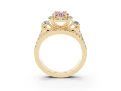 Fancy Pink Oval Cut Diamond Halo Split Shank Ring Set in Yellow gold with Round Accent Stones and Prong Setting