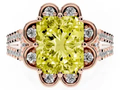 Fancy Yellow Radiant Cut Diamond Floral Halo Split Shank Engagement Ring Set in Rose gold with Pavé Shank