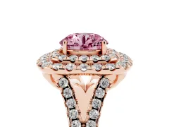 Fancy Pink Round Cut Diamond Double Halo Ring Set in Rose gold with Pavé Split Shank and Prong Setting