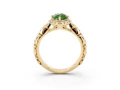 Fancy Green Marquise Cut Diamond Halo Ring Set in Yellow gold with Filigree Leaf Band and Prong Setting