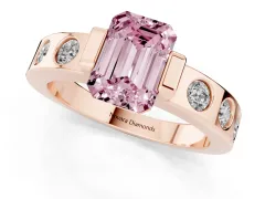Fancy Pink Emerald Cut Diamond Channel-Set Band Ring Set in Rose gold with Bezel Prong Setting