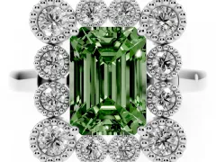 Fancy Green Emerald Cut Diamond Cluster Halo Ring Set in Silver with Milgrain Bezel Accents and Plain Band