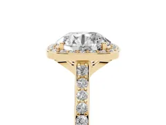 Round Cut Diamond Halo Engagement Ring Set in Yellow gold with Round Pavé Shoulders and Heart Gallery