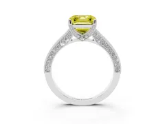Fancy Yellow Asscher Cut Diamond Solitaire Ring Set in Platinum with Milgrain-Edged Pavé Band and Prong Setting