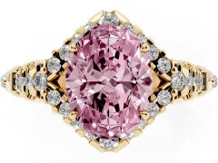 Fancy Pink Oval Cut Diamond Solitaire Ring Set in Yellow gold with Hidden Halo and Pavé Band