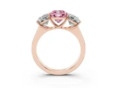 Fancy Pink Cushion Cut Diamond Three-Stone Ring Set in Rose gold with Plain Polished Band