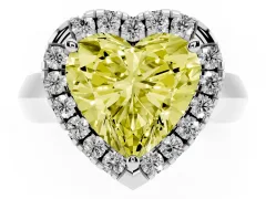 Fancy Yellow Heart Cut Diamond Halo Solitaire Engagement Ring Set in Platinum with Square Band and Prong Setting