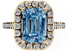 Fancy Blue Emerald Cut Diamond Cushion Halo Ring Set in Yellow gold with Pavé Band