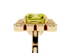Fancy Yellow Asscher Cut Diamond Cluster Halo Ring Set in Yellow gold with Milgrain Bezel Accents and Plain Band