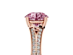 Fancy Pink Round Cut Diamond Split Shank Pavé Engagement Ring Set in Rose gold with Prong-Set Center Stone